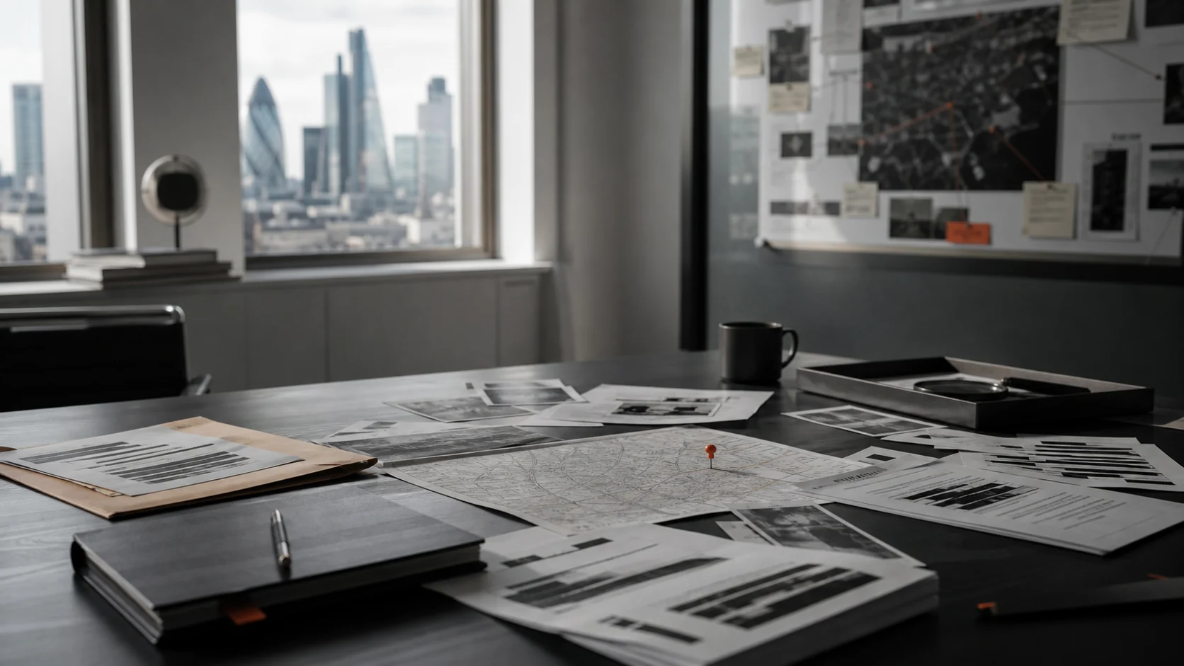 A strategic diagnosis room with mapped terrain, redacted material and controlled briefing surfaces