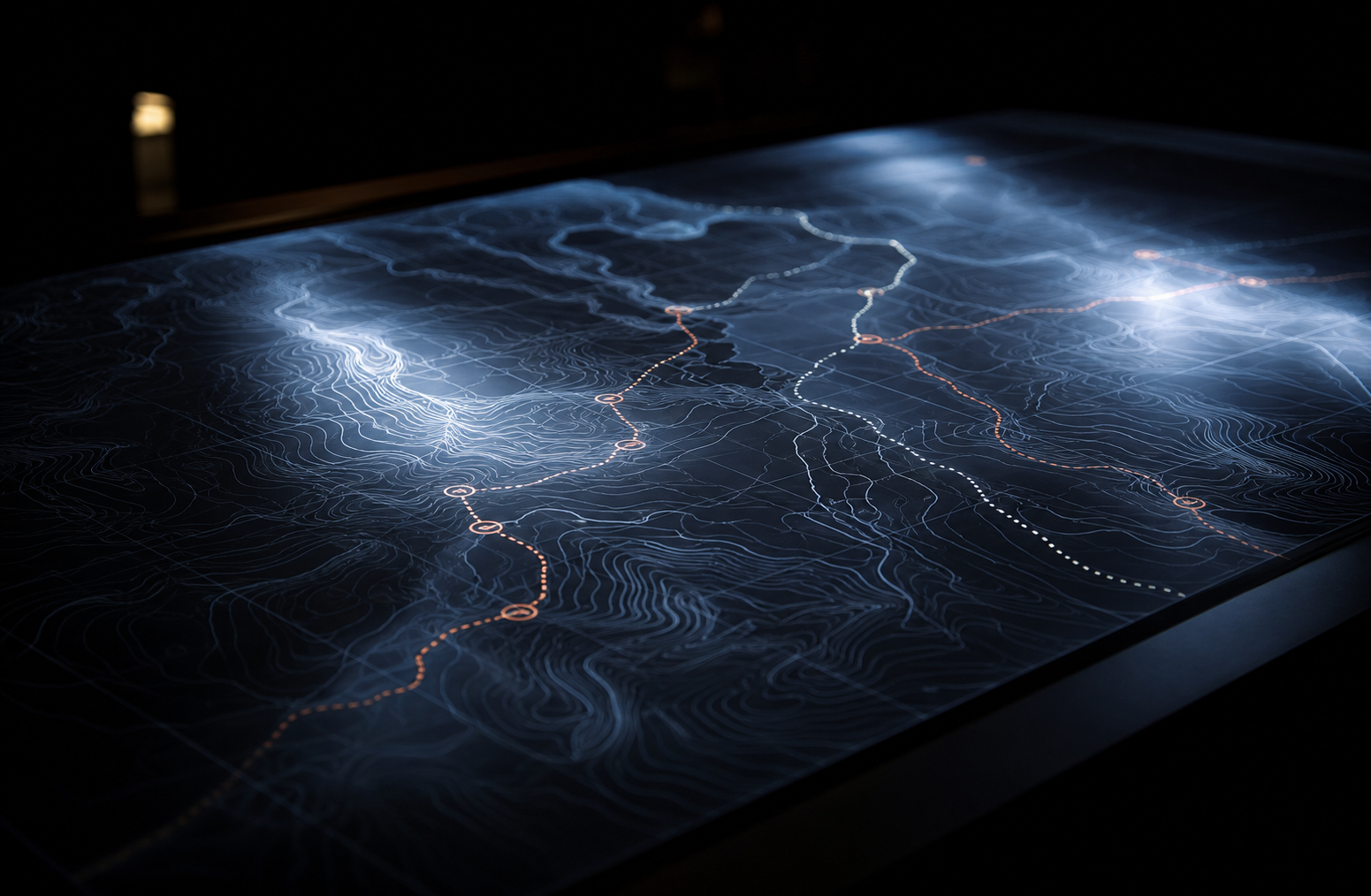 A clean route-planning surface with contour lines and route markings, without desk clutter
