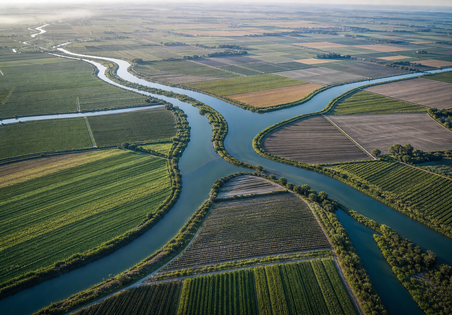 Aerial irrigation channels through cultivated land, suggesting capital as part of a controlled strategy