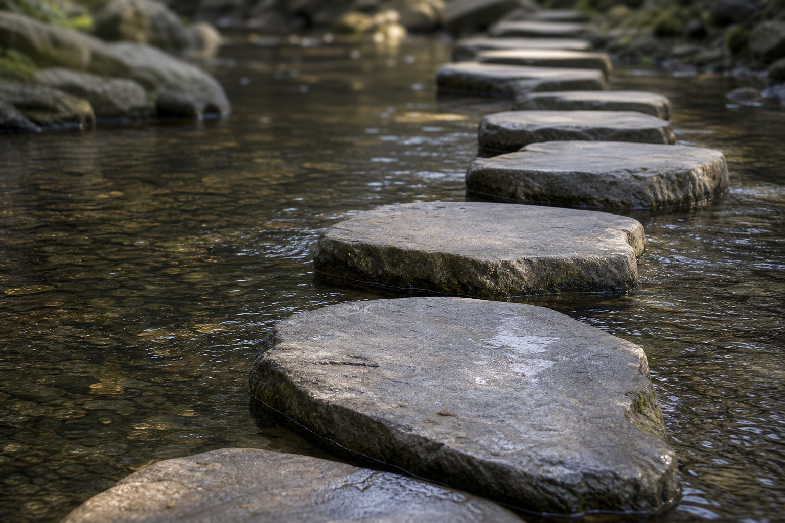 Stepping stones across a stream, suggesting a careful and measured next step