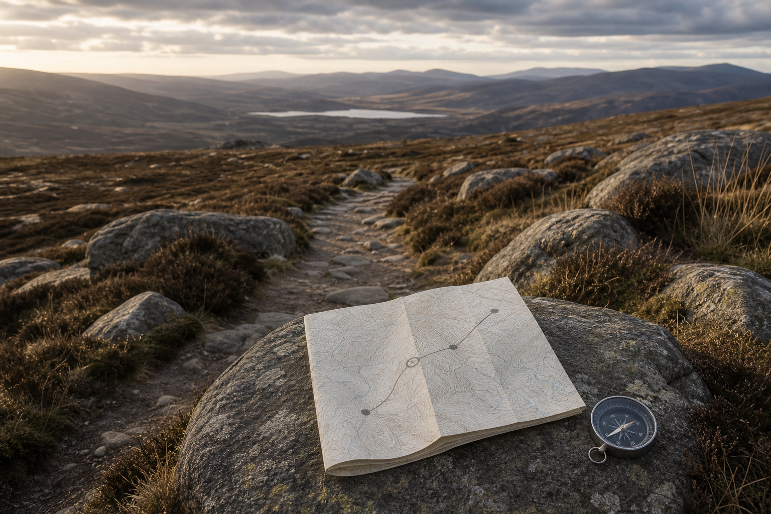 A topographic field map and compass in the foreground beside an upland path through open landscape