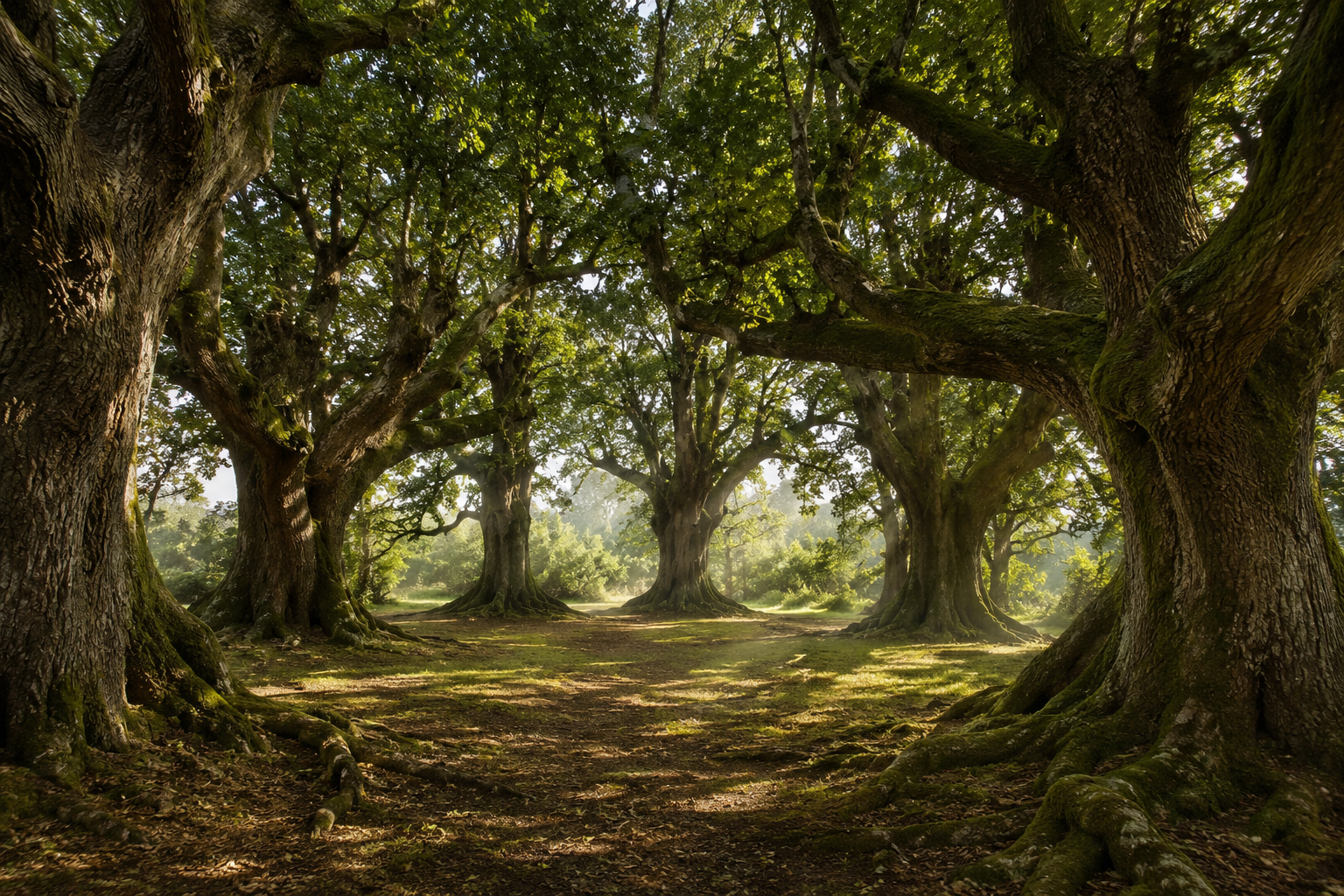 A circle of ancient oak trees around a natural clearing, suggesting senior judgement assembled around the matter
